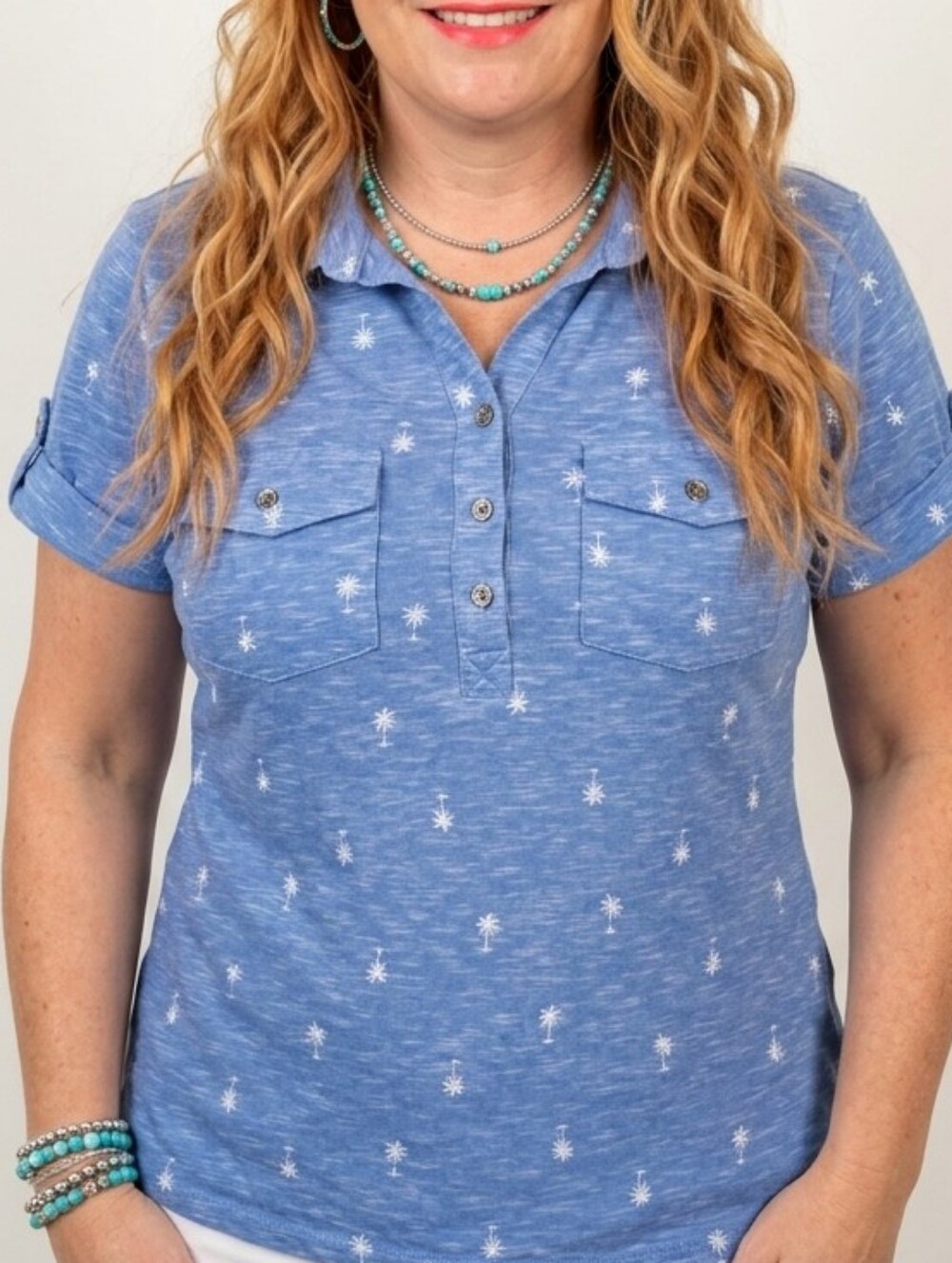 Blue w/White Palm Trees Print Collared Shirt w/Roll-Tab Sleeves & Silver Buttons